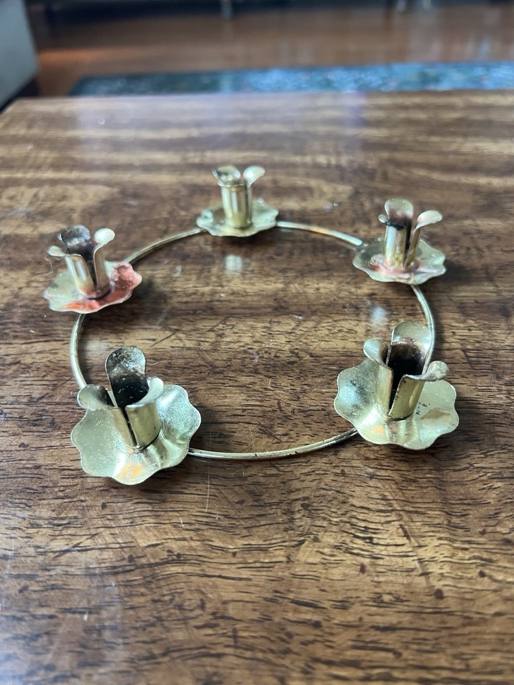 Vintage Brass Candle Holder Ring - 6-Candle Floral Design
