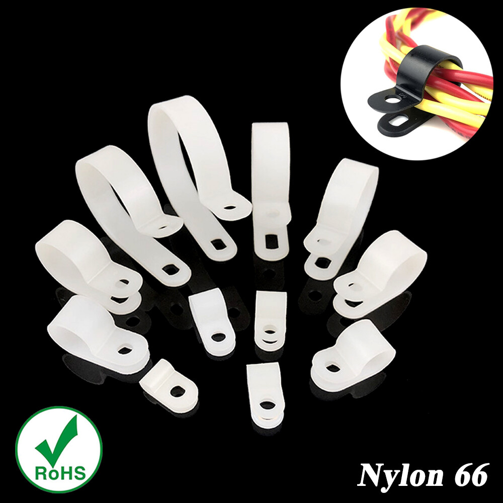 White Nylon66 Plastic P Clips R Clamps for Hose Cable Wire Management