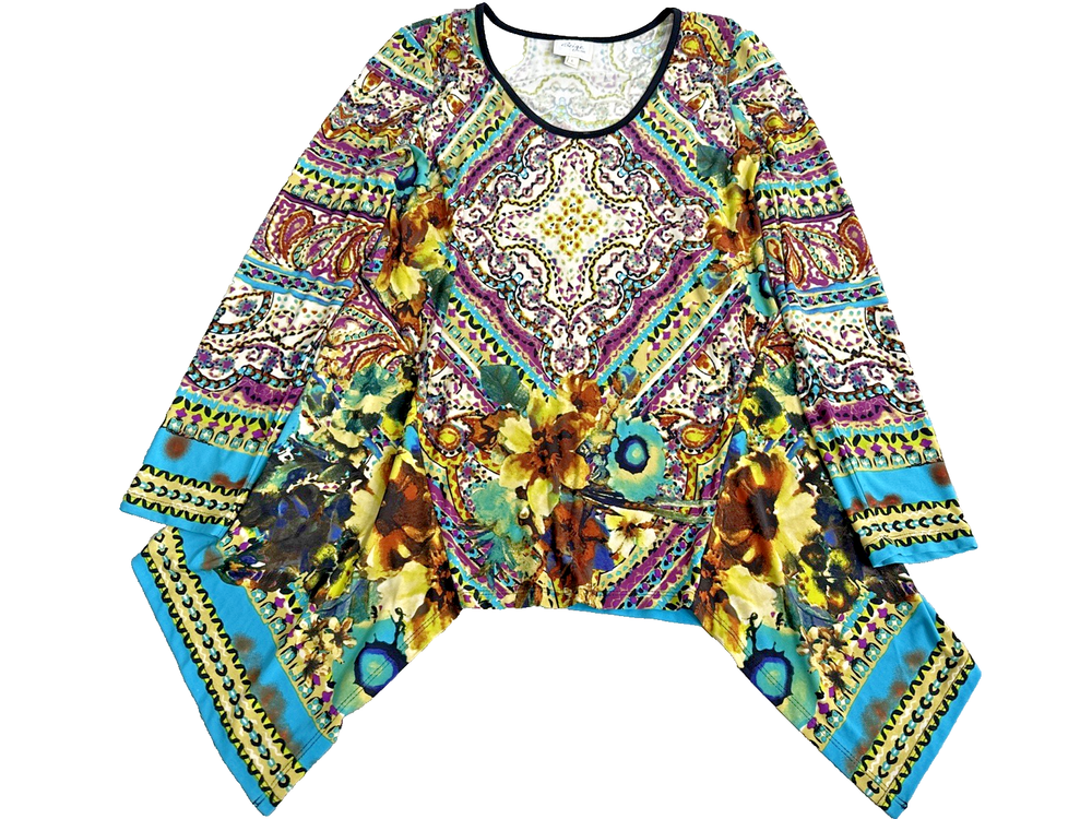 Beige by ECI Women's Large Multicolor Boho Tunic Blouse Asymmetric Hem Size L