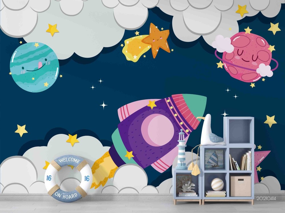 3D Space Planet Rocket Papercut Wall Murals Wallpaper Murals Wall Sticker