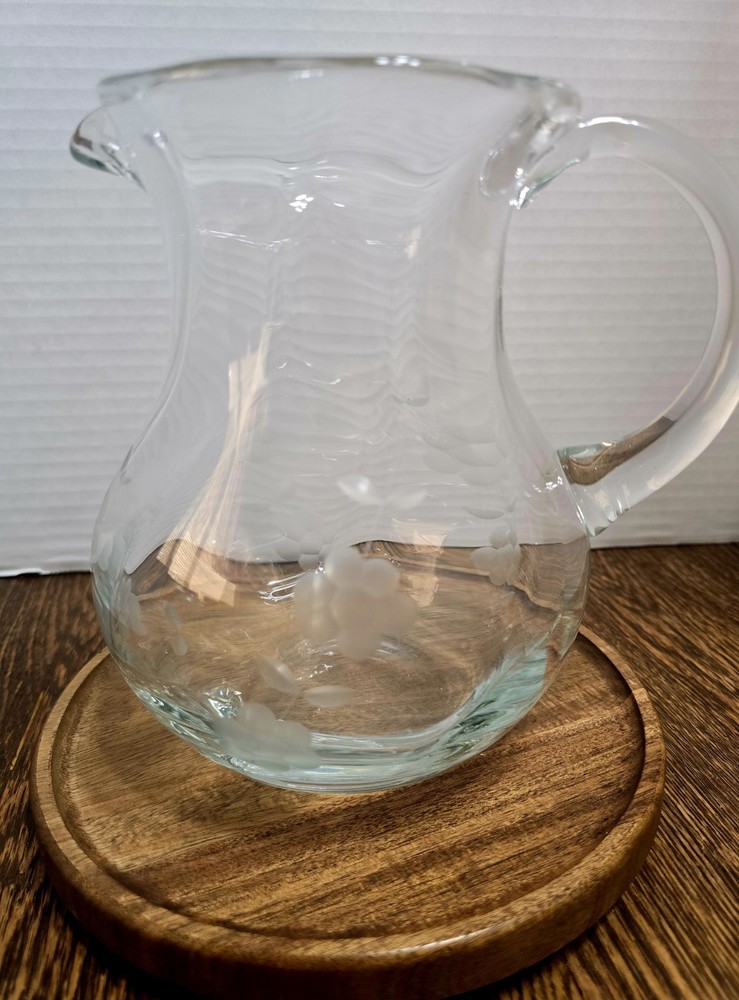VTG Princess House Heritage Crystal Pitcher w/ Hand Etched Floral Design 6.5