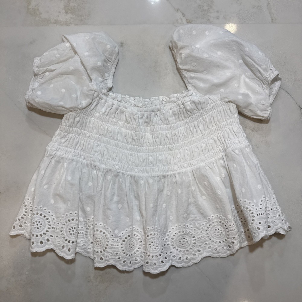 Altard State Women’s Smocked Eyelet Peplum Top White Puff Sleeve Size S