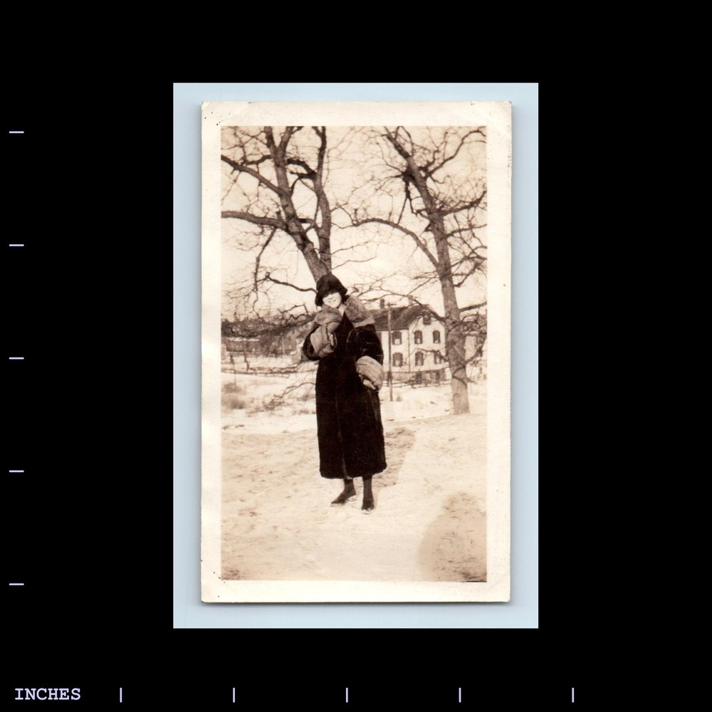 Old Vintage Photo WOMAN STANDING OUTSIDE SNOW WINTER SCENE HAT COAT