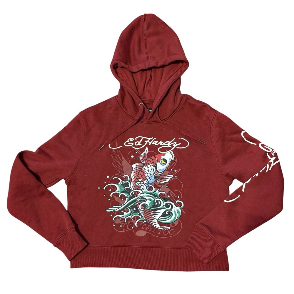 Ed Hardy Women’s Retro Koi Fish Graphics Maroon Cropped Hoodie Size M Y2K Fleece