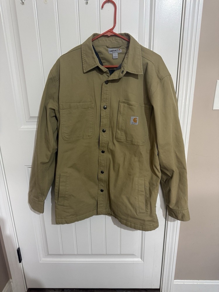 Tan Carhartt Rugged Flex Relaxed-Fit Canvas Fleece-Lined Shirt Jacket Men Size L