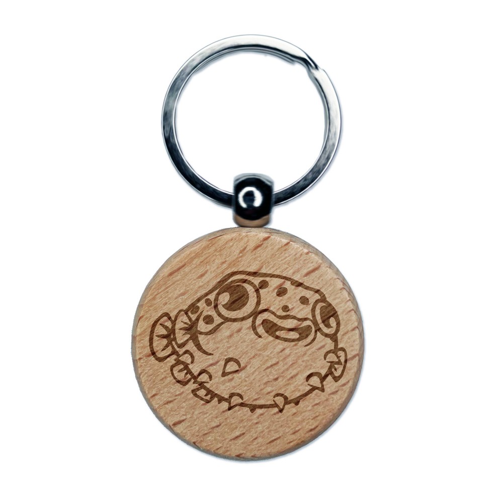 Happy Little Pufferfish Engraved Wood Round Keychain Tag Charm