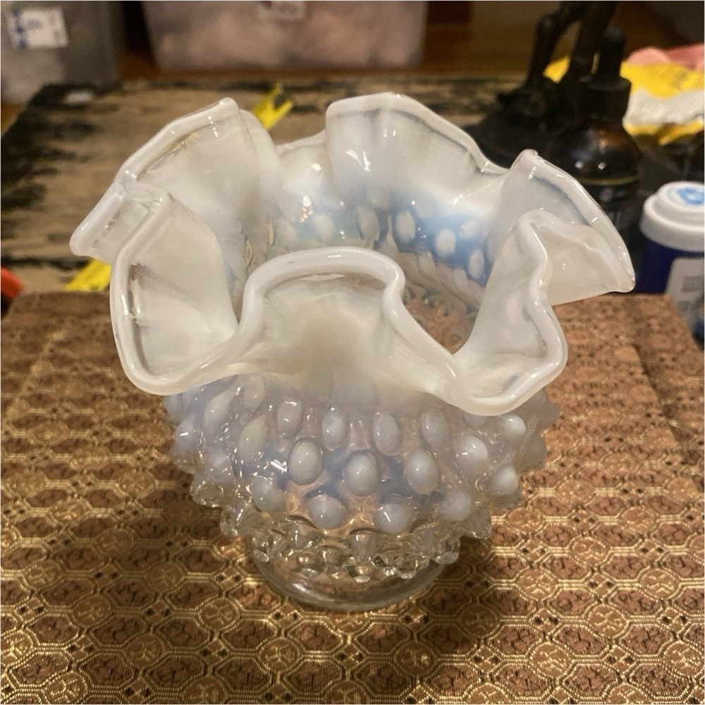 Unmarked Opalescent Hobnail Glass Vase White/clear  Ruffled Crimped Rim 4 1/2”