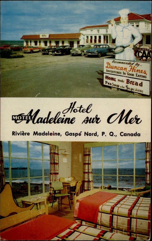 Gaspe Nord Quebec Canada Madelein sur Mer Hotel 1950s cars multiview postcard