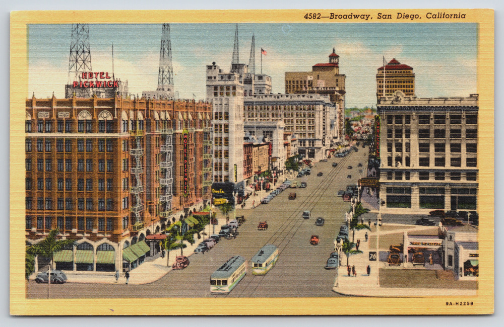 Postcard, Broadway, San Diego, California, CA, Trolleys, Hotel Pickwick, Cars