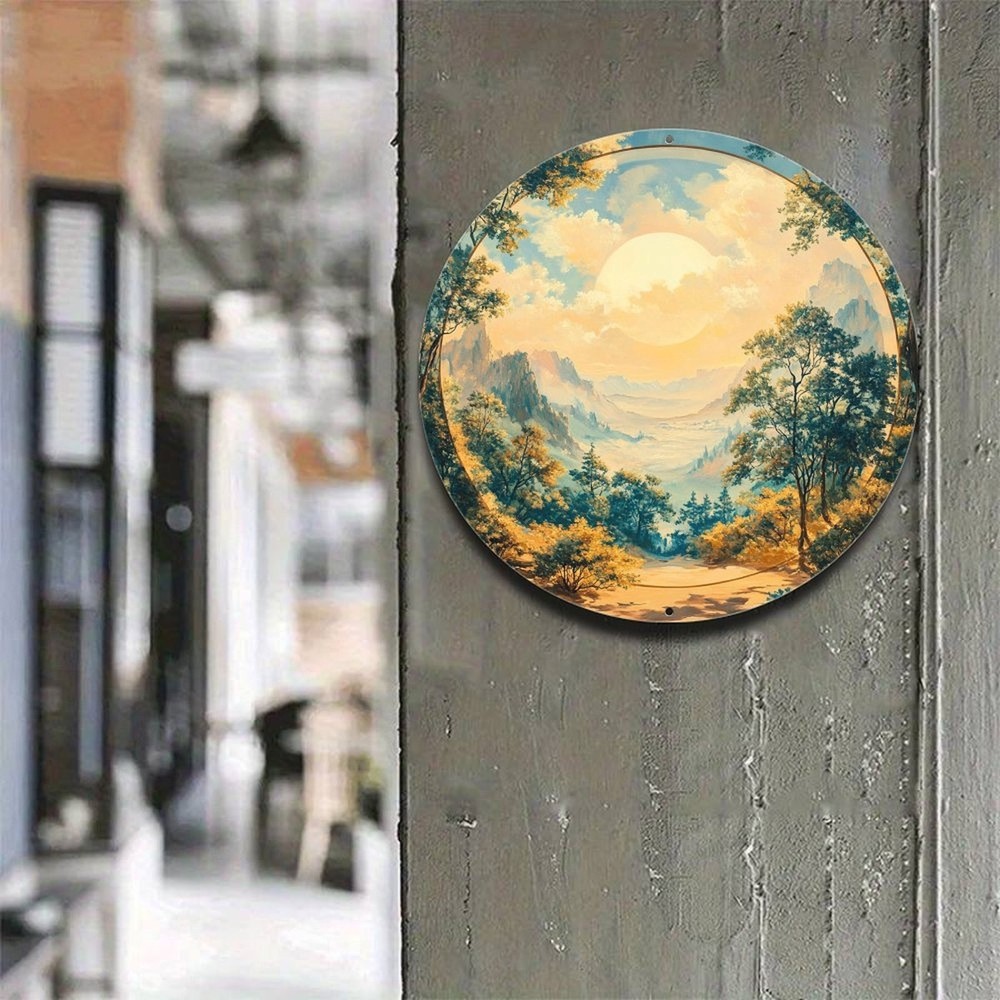 Sunshine Mountain Landscape Round Aluminum Wall Art Trees