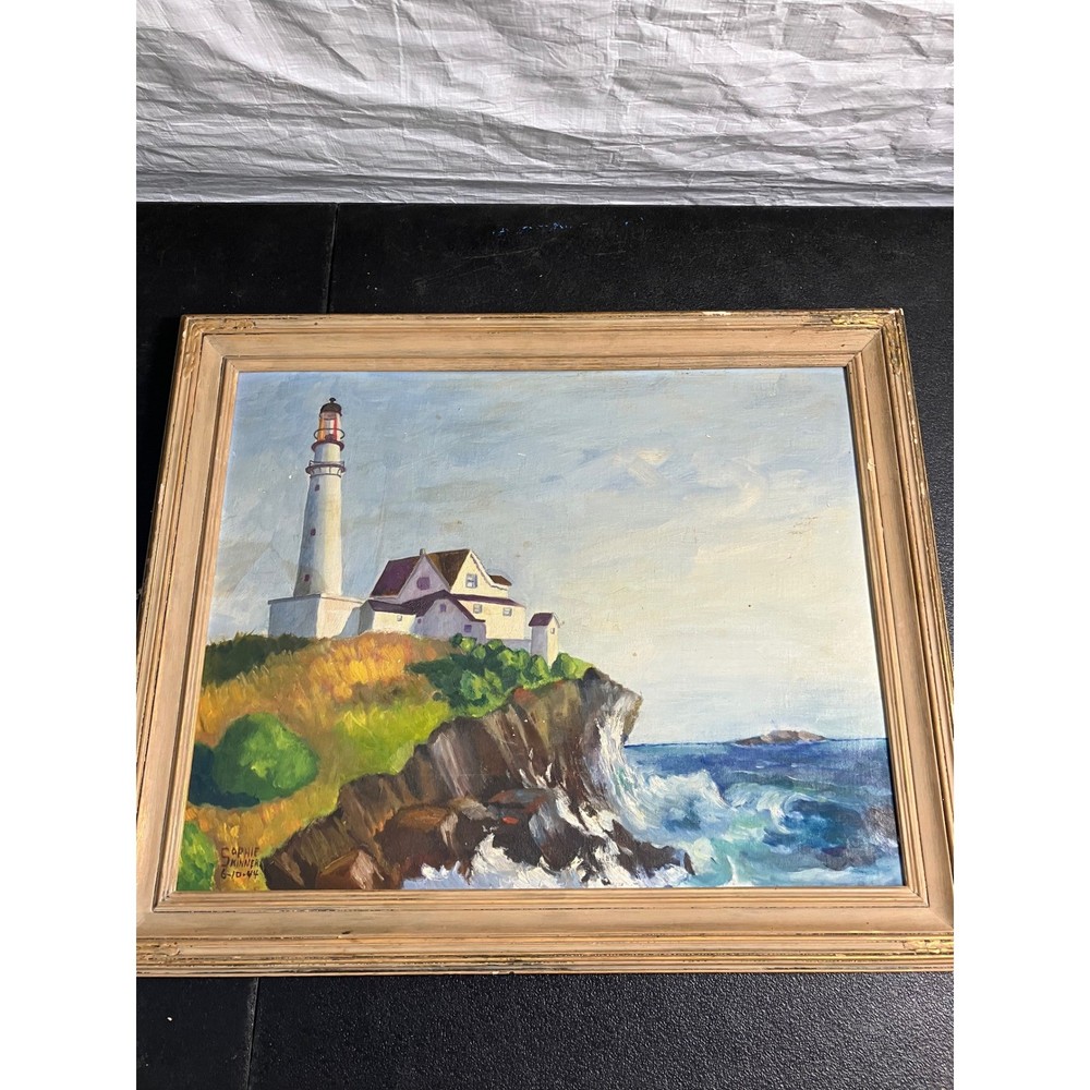Vintage Sophie Skinner Lighthouse Oil Painting Signed Dated 1944 Coastal Art