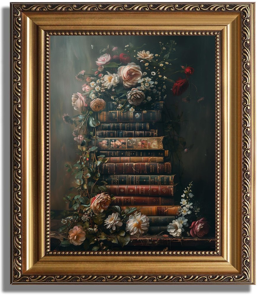 Framed Vintage Floral Wall Art - Moody Flowers Books Art Oil Painting, Vintag...