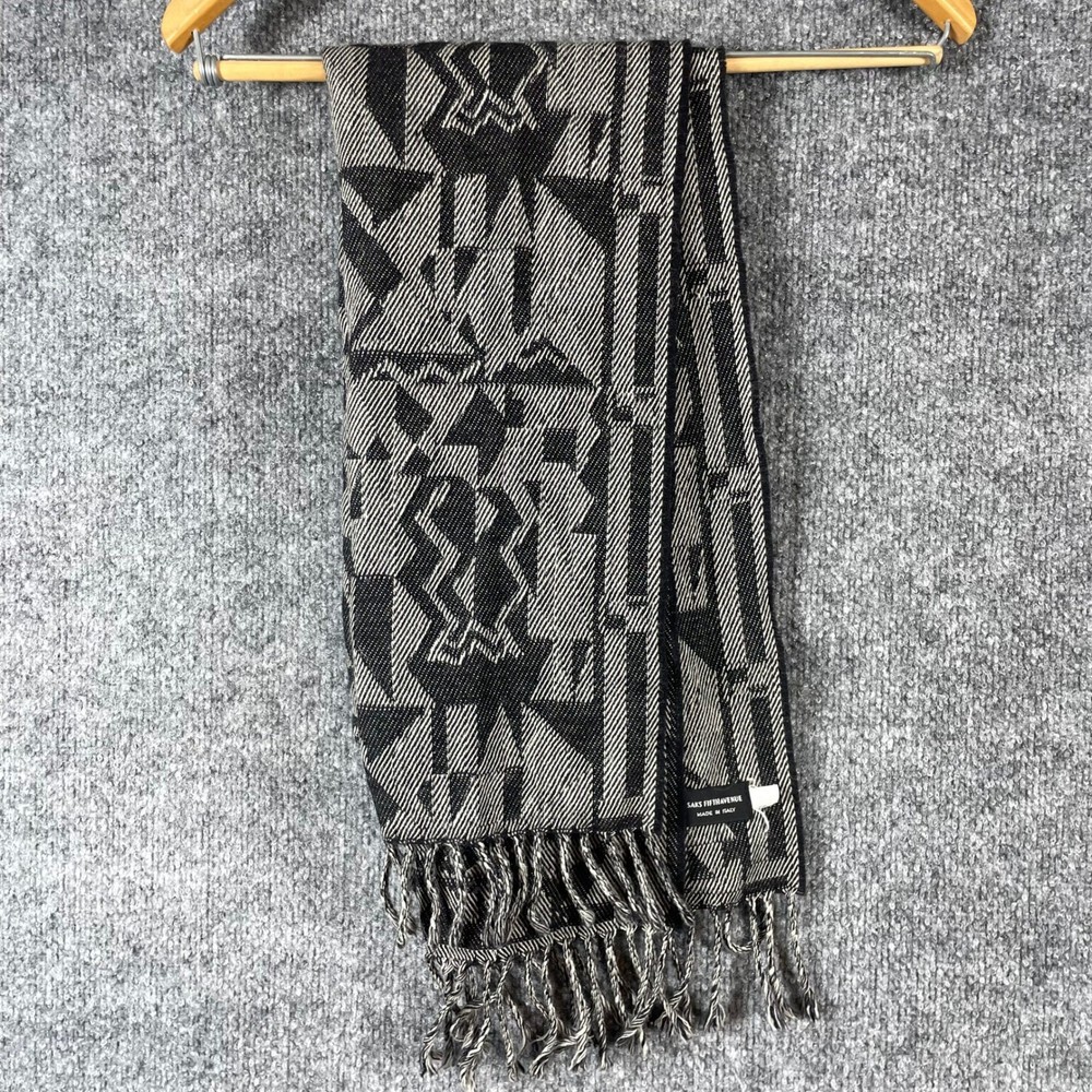 VTG Saks Fifth Avenue Scarf Unisex One Size Black Geometric Abstract Wool Italy