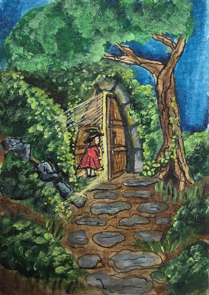 ACEO Original Little Witch Fantasy Landscape Cottage Doorway Girl Path Trees