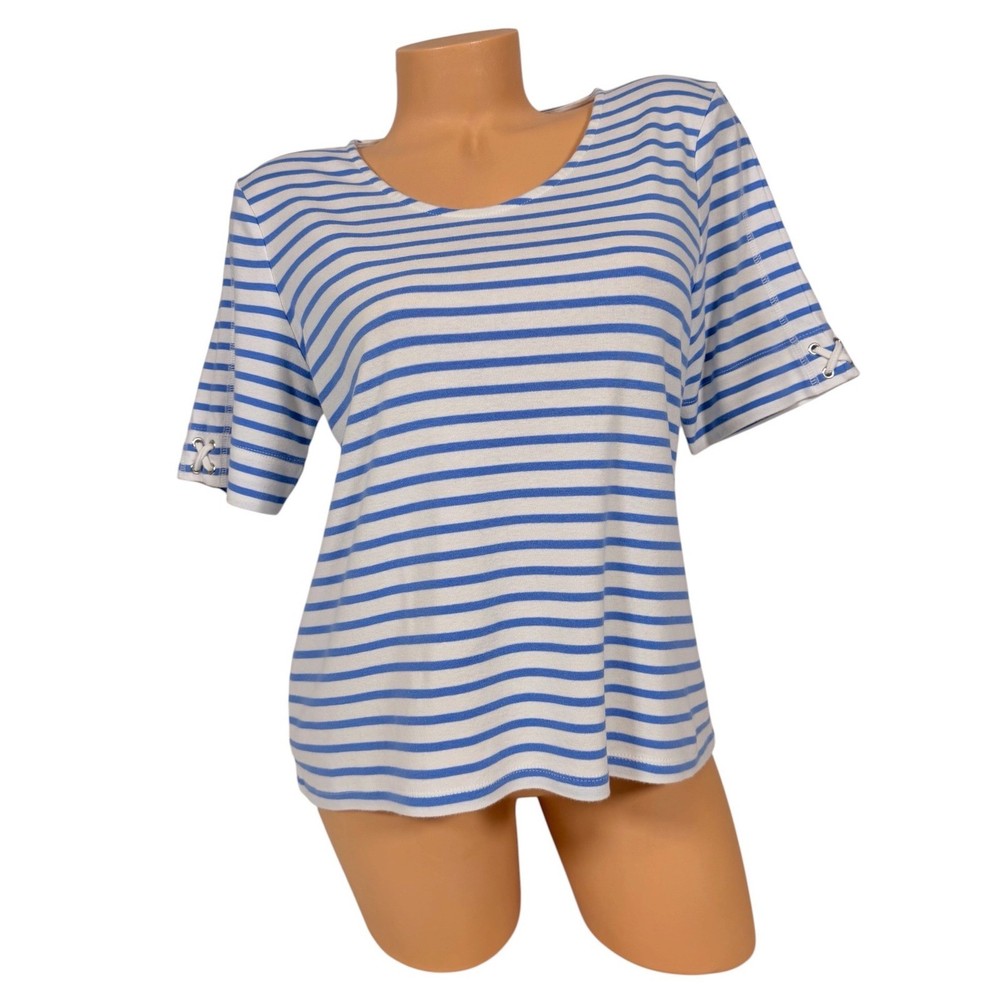 Talbots Large Petite Blue White Striped Cotton Tee Grommet Lace Up Sleeve Top LP