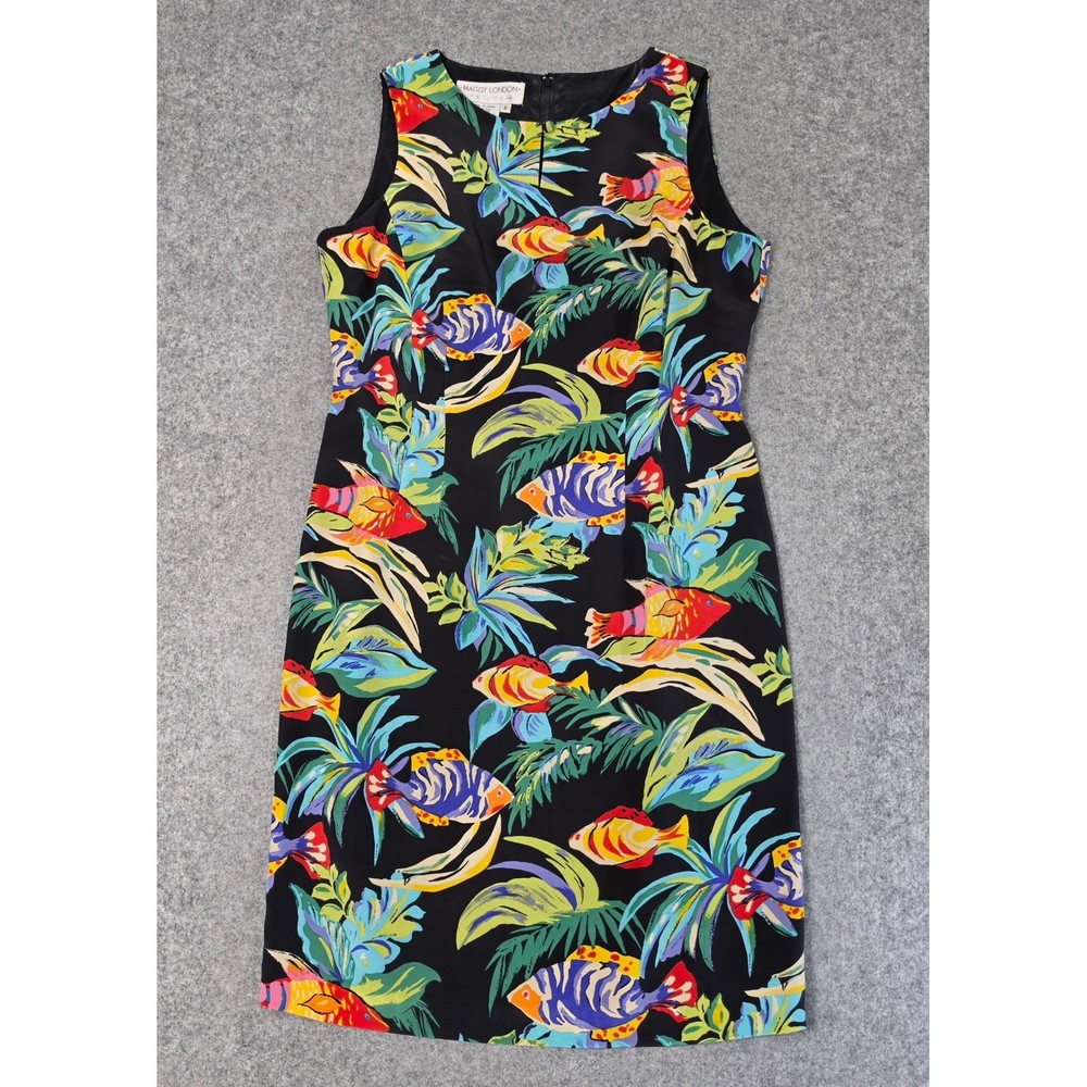 VTG Maggy London Sheath Dress Tropical Fish Print Womens 8P Black Multicolor