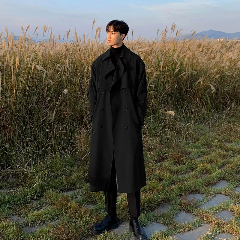 Korean Men Overcoat Long Windbreaker Streetwear Men Coat Outer Wear Clothing