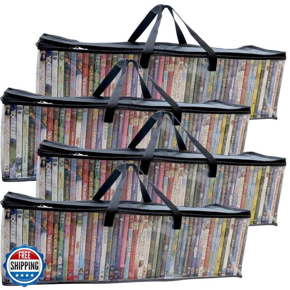 Evelots 4 Pack Clear DVD BluRay Storage Bags with Handles Holds 200 Discs