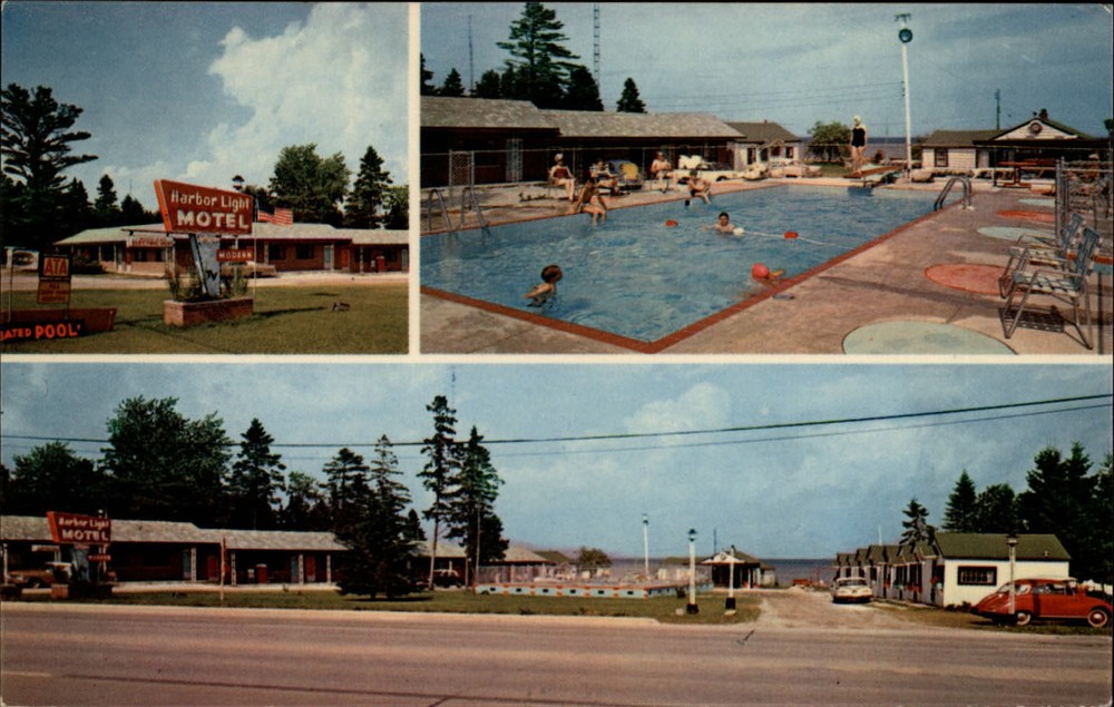 Harbor Light Motel St Ignace Michigan multiview swimming pool ~ 1970s postcard