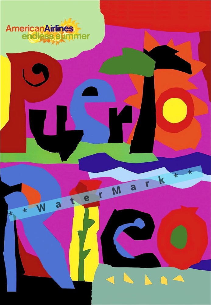 Puerto Rico Tropical Island 1970 Airline Travel Vintage Poster Print Retro Style