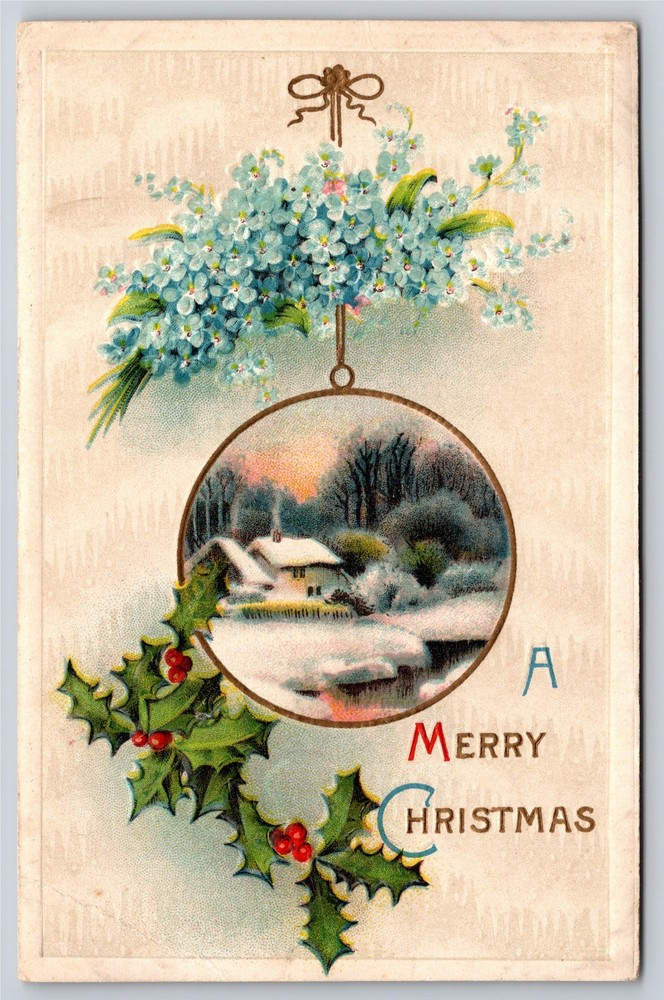 Holiday~A Merry Christmas~Winter House Scene W/ Holly & Blue Flowers~Vintage PC
