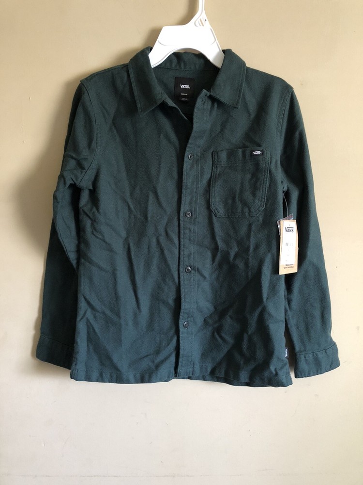Vans Youth Boys Green Button Up Long Sleeve Shirt Size Medium NWT
