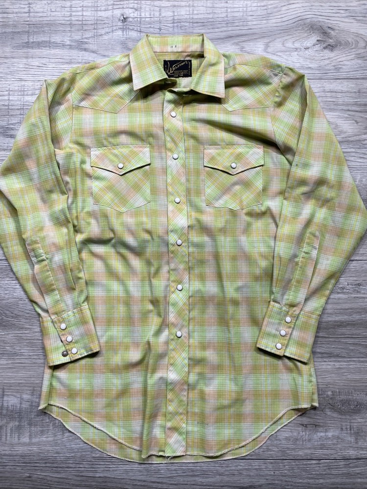 True Vintage 1970s Pearl Snap Button Up Lime Western Plaid Colorful Sz M Cowboy