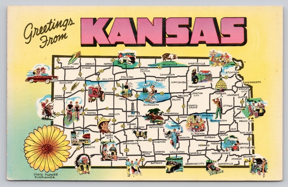 Vintage Greetings From Kansas Map Postcard Plastichrome Mid-Century Unused