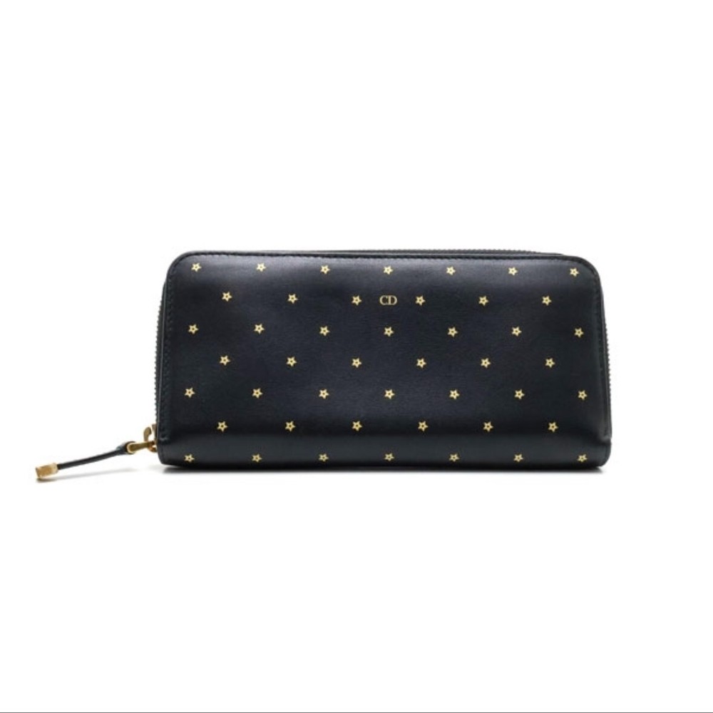 Dior Stars Collection black leather round zip long wallet authentic WB