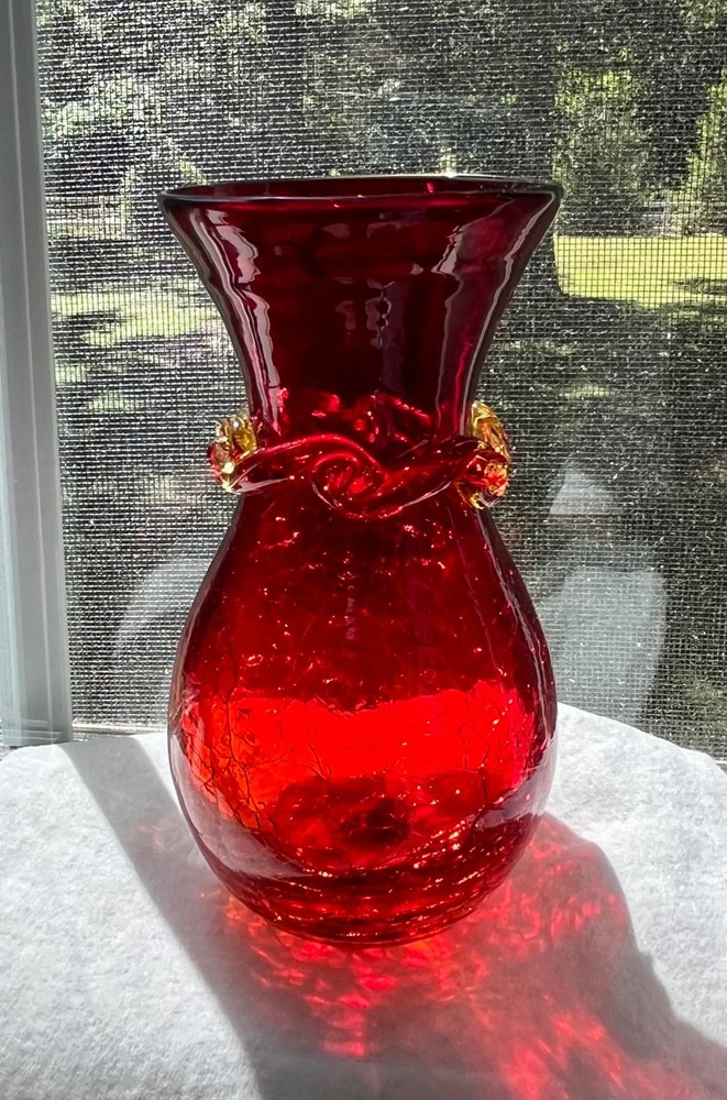 Vintage Handblown Amberina Crackle Glass Vase, Deep Red w/Yellow Band