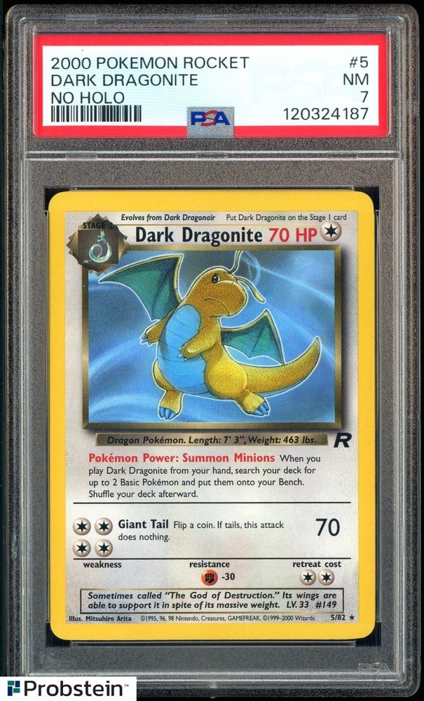 2000 Pokemon Rocket #5 dark Dragonite No Holo PSA 7 NMPROBSTEIN is actively accepting consignments !!