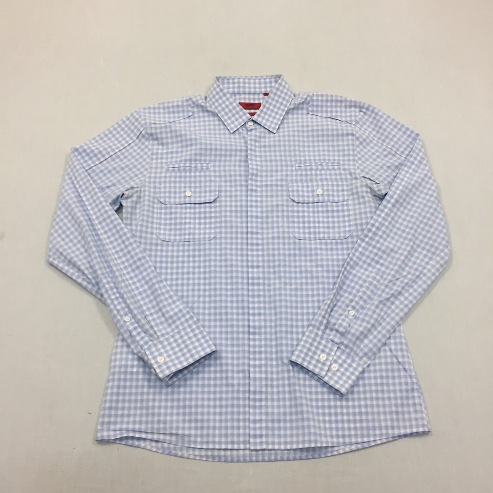 Hugo Boss Shirt Mens Large Button Up Long Sleeve Blue Check (L)
