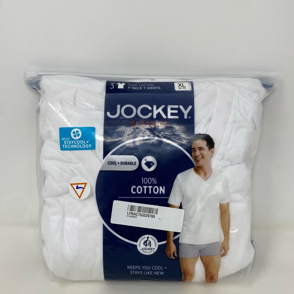 Jockey Classics 100% Cotton V-Neck T-Shirts 3-Pack White Men's XL