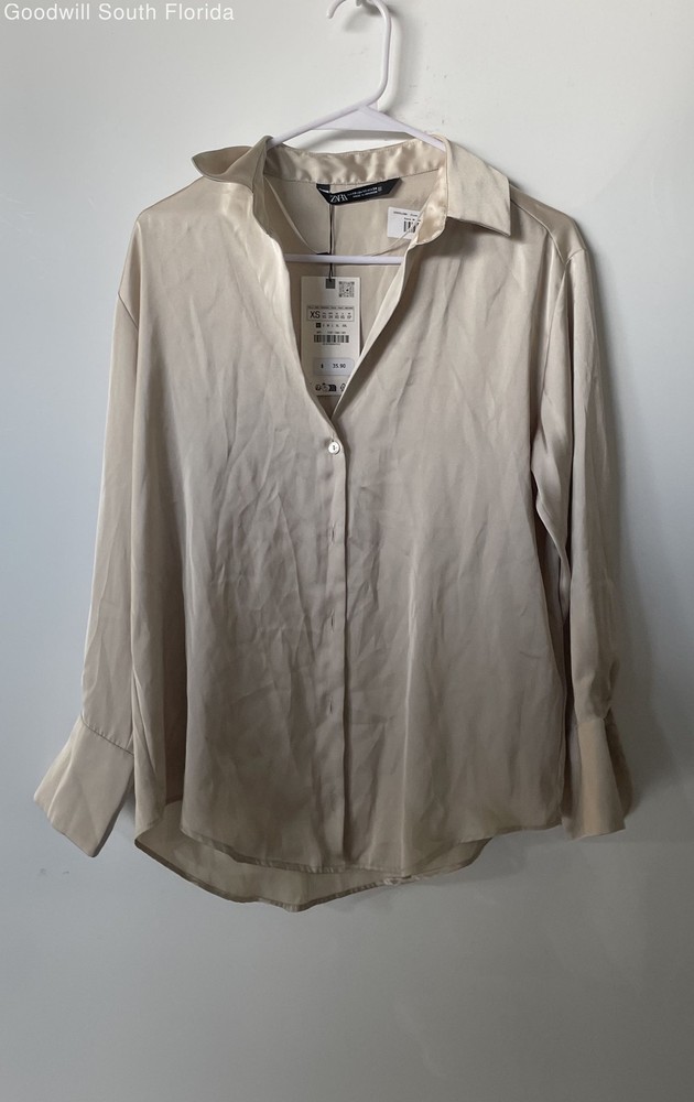 Zara Womens Cream Long Sleeve Regular Fit Button-Up Shirt Size XS With Tag