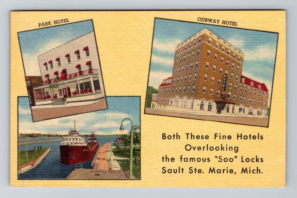 Sault Ste Marie MI-Michigan, Park Hotel, Ojibway Hotel, Advert Vintage Postcard