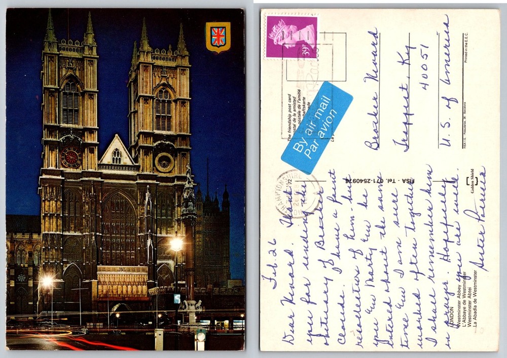 Westminster Abbey London England Night View Postcard 1992 Golden Shield FISA
