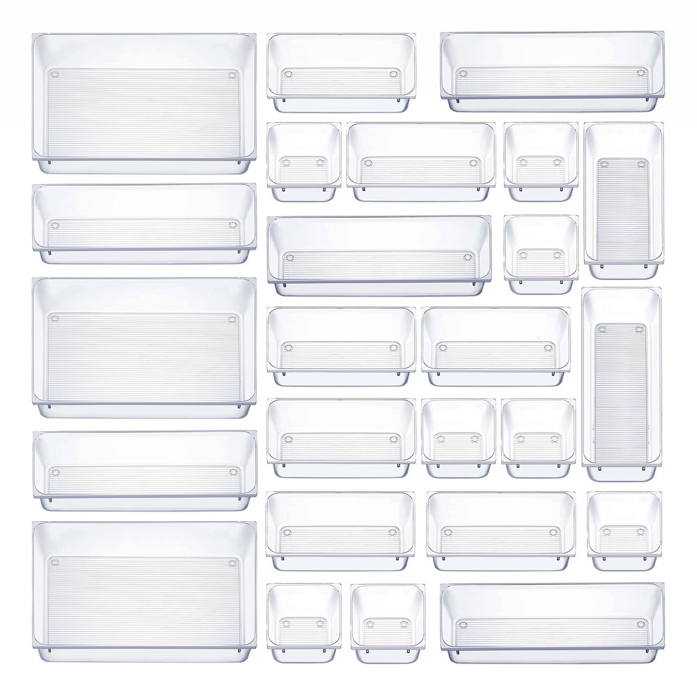 25 PCS Clear Plastic Drawer Organizers Set, 4-Size Versatile Bathroom and Van...