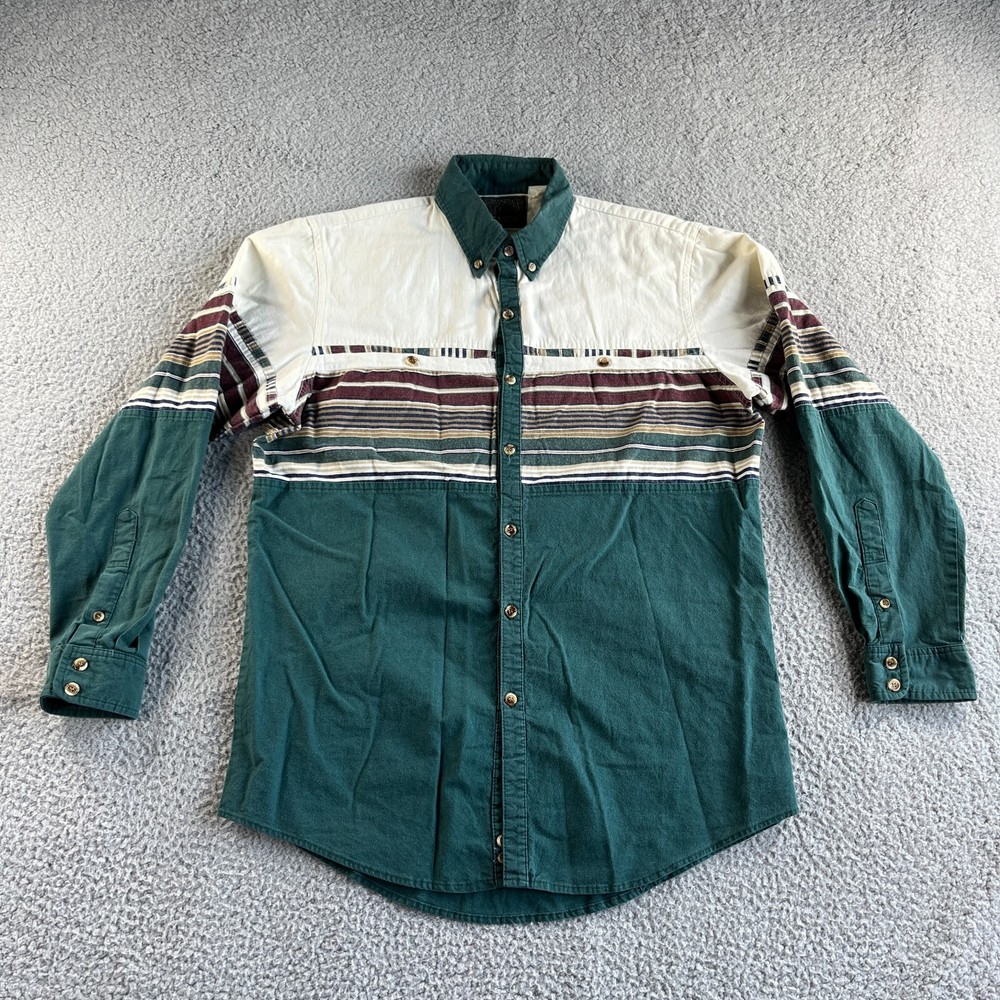 Vintage Spindle River Shirt Mens Medium Green Ivory Striped Western Cowboy USA