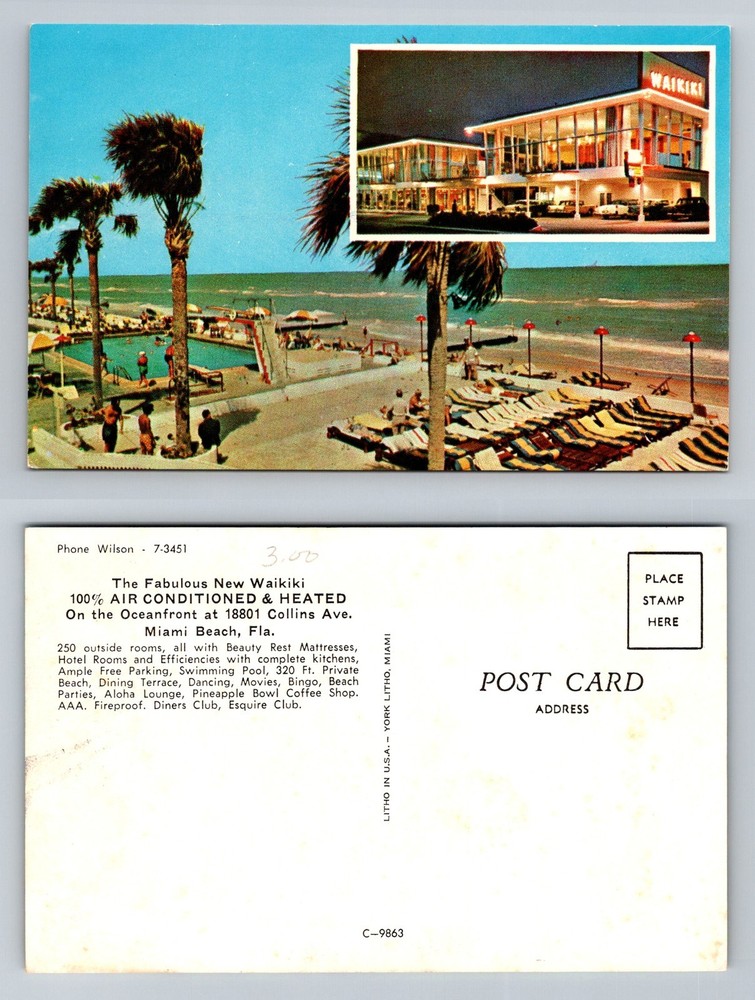 Miami Beach, FL-Florida, Waikiki Hotel Oceanfront Pool Beach Vintage Postcard