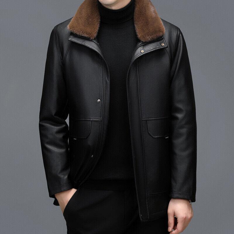 Men's Detachable Liner Winter Leather Coat Mid Length Warm Casual