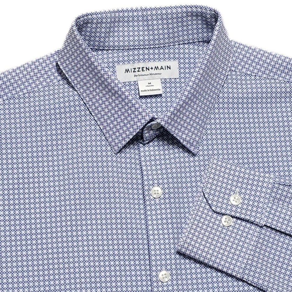 Mizzen+Main Mens M Classic Fit Blue Geometric Long Sleeve Performance Shirt