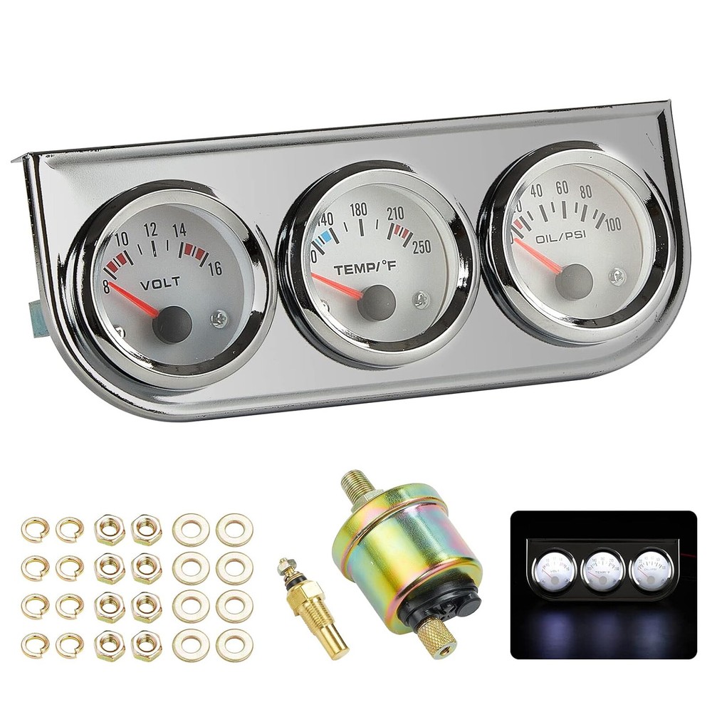 2 Inch 52mm 3-in-1 Car Gauge Set with Water Temp Oil Pressure Voltmeter 12V