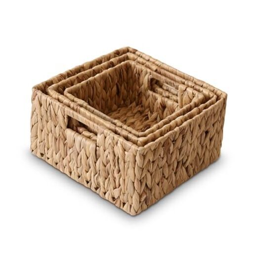 Set of 3 Hand-Woven Water Hyacinth Storage Baskets with Built-In Handles