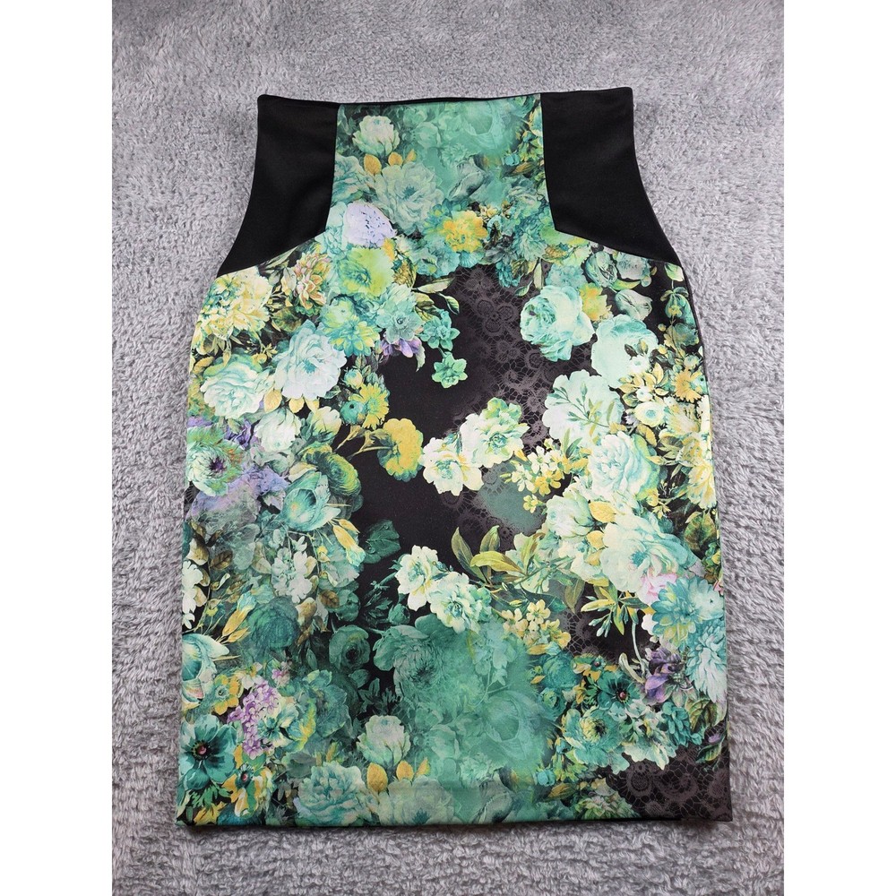 ECI New York Pencil Skirt Size M Green Floral Black Panel Womens Knee Length