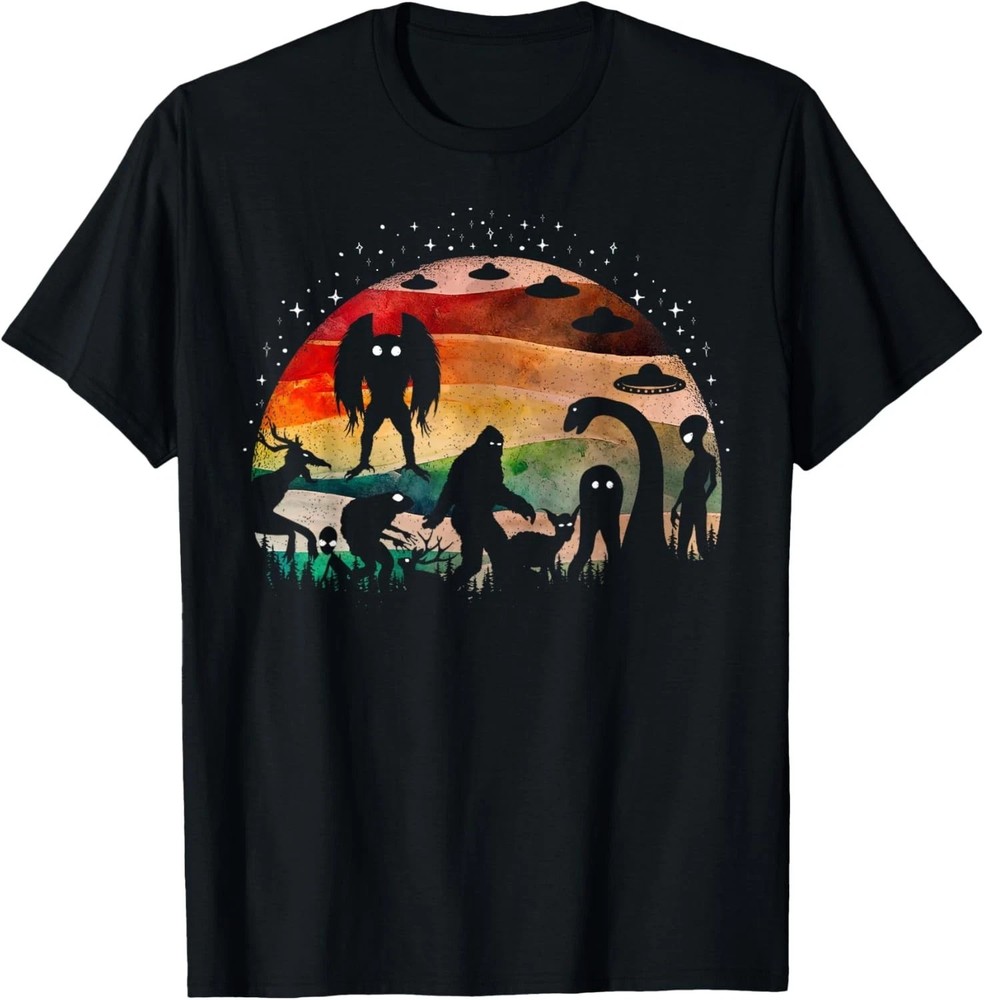 Retro Cryptid Funny Bigfoot Mothman And Aliens Cryptozoology T-Shirt - All Size