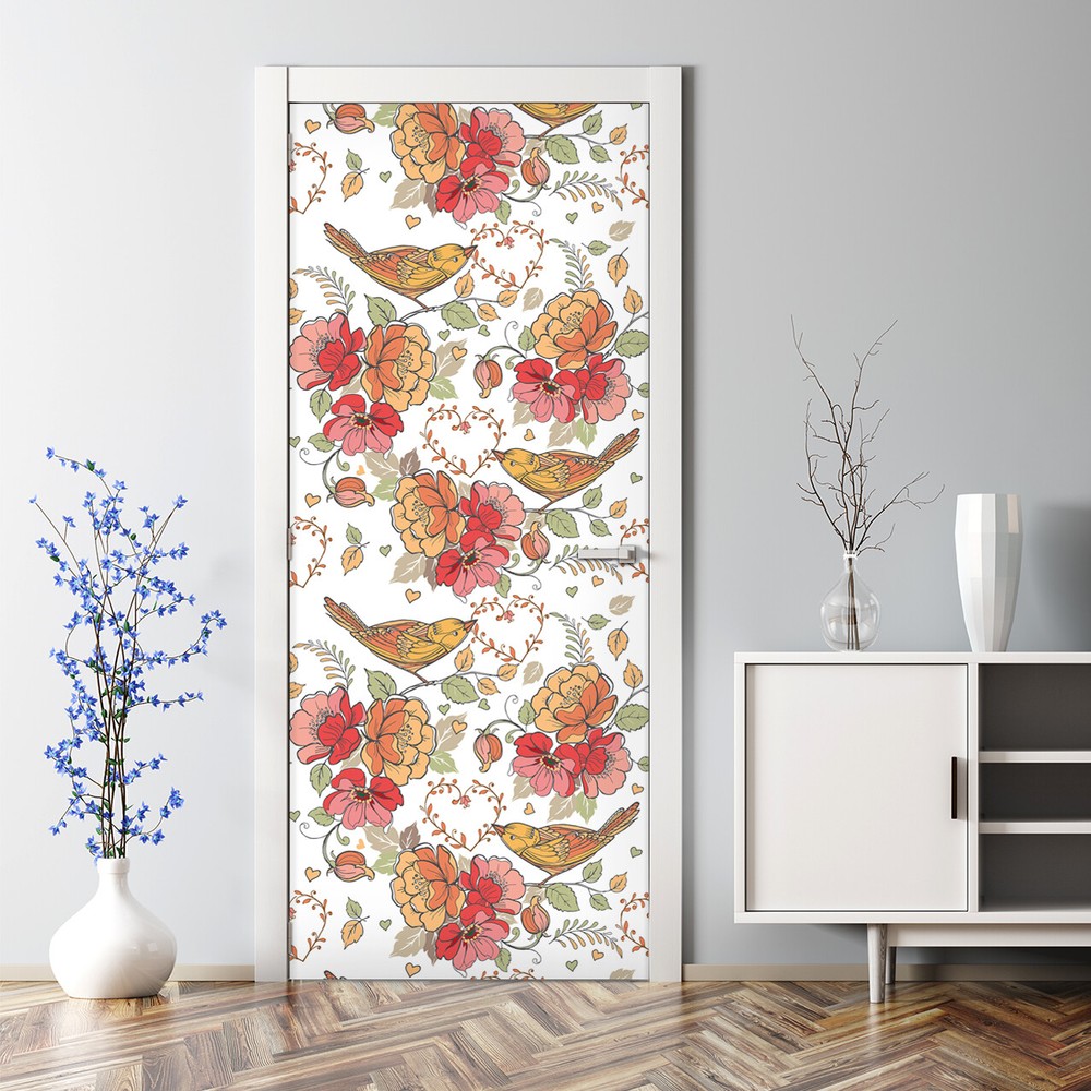 Red Bubble-Free Bird Ornament Door Sticker Self-Adhesive Home Decor Mural