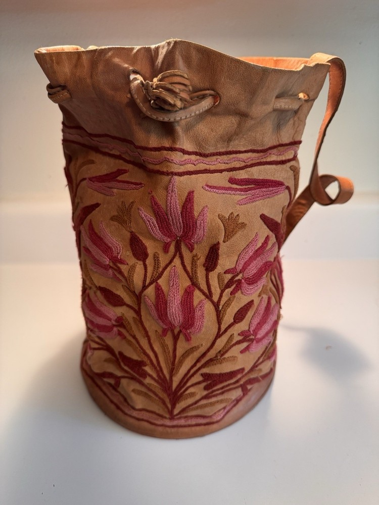 Vintage Boho Leather Drawstring Bucket Bag with Floral Design