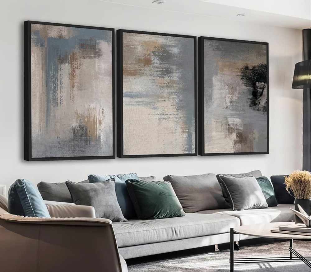 Large Framed Canvas Wall Art - Modern Grey Abstract Pictures for Living Room ...