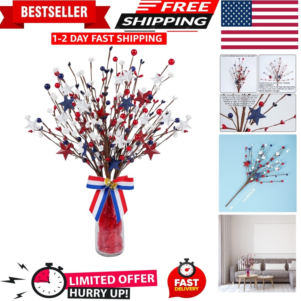 4 Pack Patriotic Artificial Berry Stem Picks White Blue Red Stars for 4th of ...