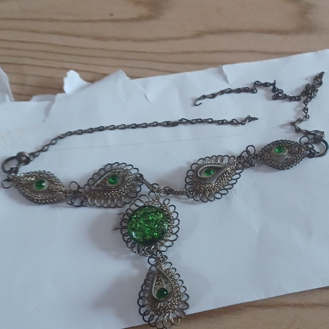 Silver Tone Cable Chain Necklace Green Round Glass Stones Spring Ring Closure